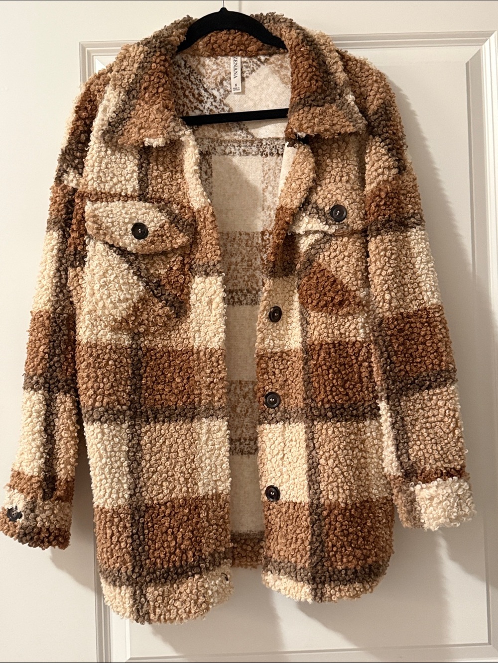 Zenana Boucle Plaid Teddy Shacket in Cream and Brown
